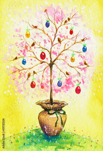 Photo: Easter flowering tree with eggs and birds . Easter flowering tree with eggs and birds .