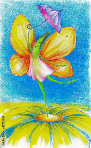 Illustration: Happy butterfly dancing on a flower. Happy butterfly dancing on a flower.