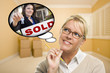 Woman In Empty Room with Thought Bubble of Agent Handing Over Ne
