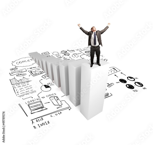 Photo: businnesman standing on column with drawing concept businnesman standing on column with drawing concept