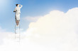 Businesswoman standing on ladder