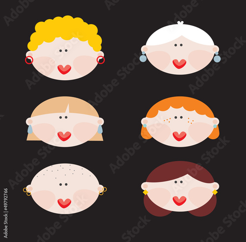 Vector: Six faces of cute women. Vector illustration. Six faces of cute women. Vector illustration.