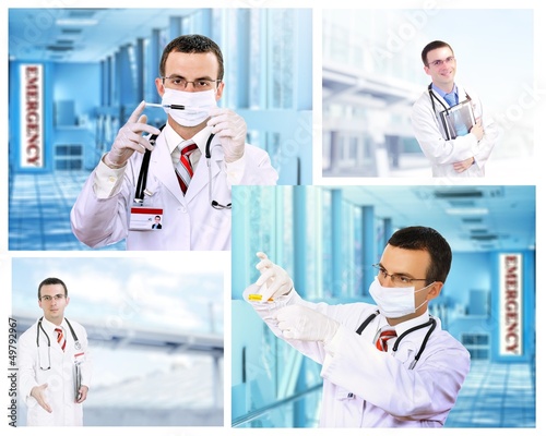 Photo: Set (collage) of young doctor in Hospital. Set (collage) of young doctor in Hospital.