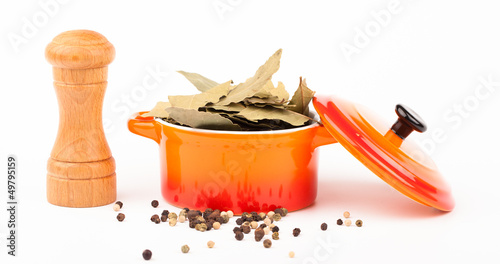 Photo: various spices in pot isolated on white various spices in pot isolated on white