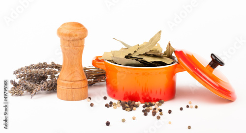 Photo: various spices in pot isolated on white various spices in pot isolated on white