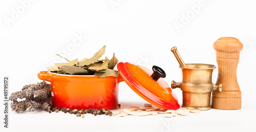 Photo: various spices in ceramic pot isolated on white various spices in ceramic pot isolated on white
