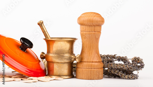 Photo: various spices in pot isolated on white various spices in pot isolated on white