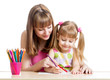 mother and her child girl pencil together