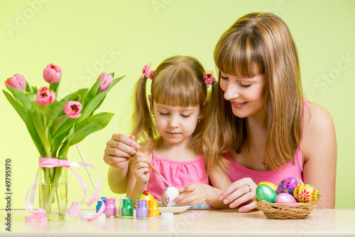 Photo: mother and daughter kid painting easter eggs mother and daughter kid painting easter eggs