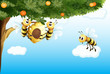 Three bees with a beehive
