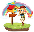 A girl holding a telescope with three birds