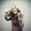Nerdy woman drying hair