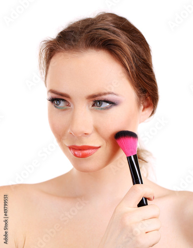Photo: portrait of beautiful woman with make-up brush for powder, portrait of beautiful woman with make-up brush for powder,