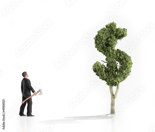 Illustration: Man with an axe looking at a dollar shaped tree Man with an axe looking at a dollar shaped tree