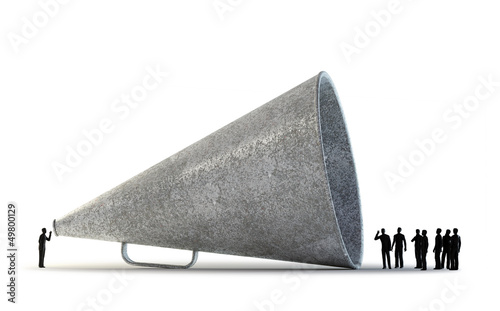 Illustration: Tiny people using a vintage megaphone Tiny people using a vintage megaphone