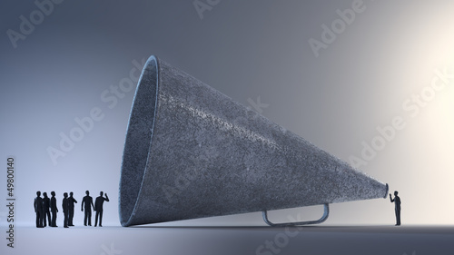 Illustration: Tiny people using a vintage megaphone Tiny people using a vintage megaphone