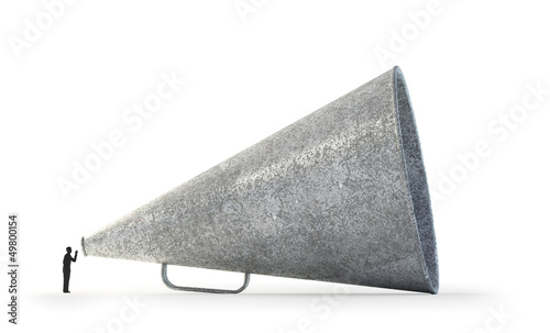 Illustration: Man speaking through a vintage megaphone Man speaking through a vintage megaphone