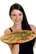 Young happy woman eating pizza, isolated on white