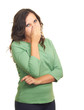 Attractive girl in a green shirt from the stench covers her nose
