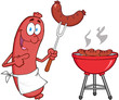 Happy Sausage With Sausage On Fork And Barbecue