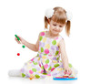 kid girl playing with toys, isolated over white