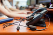 call center with young woman headphones 