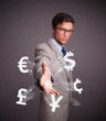 Attractive man throwing currency icons