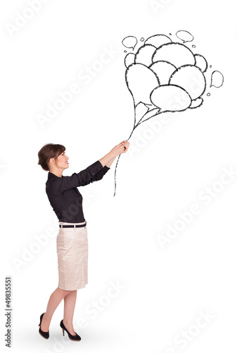 Photo: Happy woman holding balloons drawing Happy woman holding balloons drawing