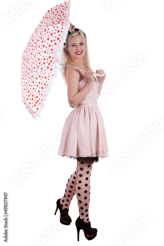 Photo: Beautiful pin-up girl with umbrella, isolated on white Beautiful pin-up girl with umbrella, isolated on white