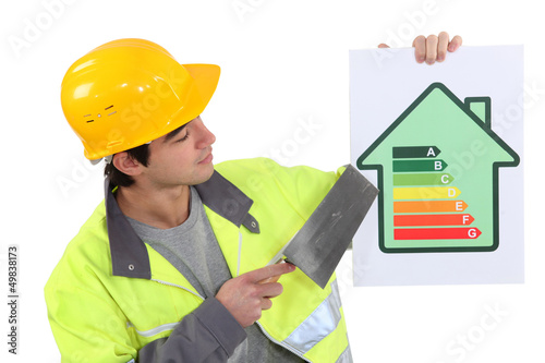 Photo: A mason promoting energy savings. A mason promoting energy savings.