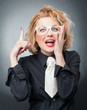 Busineswoman have the idea. Female with finger up