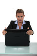 Woman frustrated with her briefcase