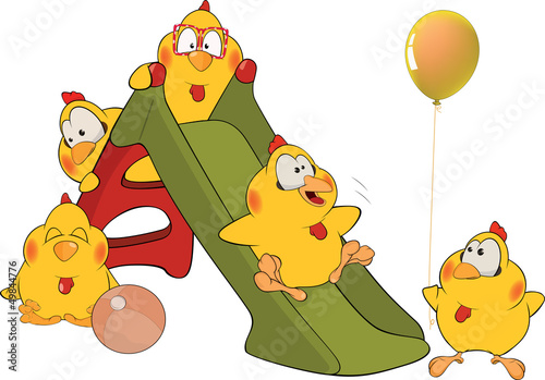 Vector: Chickens and a slide cartoon Chickens and a slide cartoon