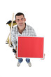 Photo: Laborer with red sign isolated on white background Laborer with red sign isolated on white background