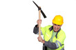 Angry construction worker holding a pickaxe