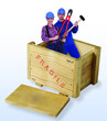 female and male construction workers in wooden box