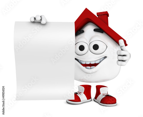 Illustration: Kleines 3D Haus Rot mit blanko Schild Kleines 3D Haus Rot mit blanko Schild