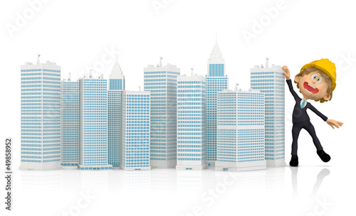 Illustration: 3D Construction worker with buildings 3D Construction worker with buildings