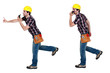 Two images of a construction worker with a walkie talkie