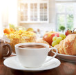 healthy breakfast with coffee in sunny morning
