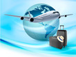 Background with airplane and globe. Travel concept. Vector