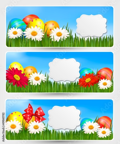 Vector: Easter banners with Easter eggs and colorful flowers Easter banners with Easter eggs and colorful flowers
