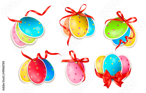 Vector: Decorative easter eggs.Easter cards with red bow and ribbons. Ve Decorative easter eggs.Easter cards with red bow and ribbons. Ve