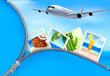 Vector: Background with airplane and with photos from holidays. Travel c Background with airplane and with photos from holidays. Travel c
