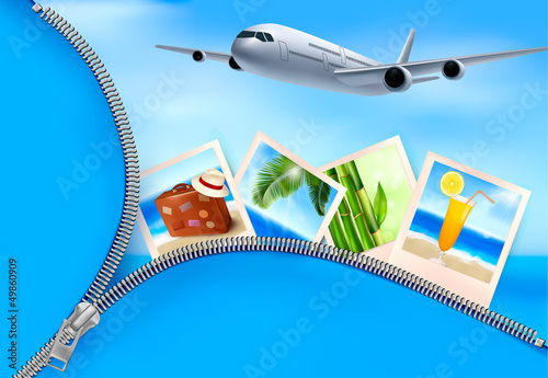 Vector: Background with airplane and with photos from holidays. Travel c Background with airplane and with photos from holidays. Travel c