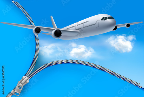 Vector: Travel background with airplane and white clouds Travel background with airplane and white clouds