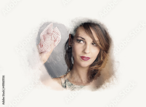 Photo: Curious Housewife Cleaning Home Window With Love Curious Housewife Cleaning Home Window With Love