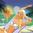 Vettoriale: Beautiful girl in hat and bikini having a rest on a beach Beautiful girl in hat and bikini having a rest on a beach