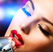 Singer Woman with Retro Microphone. Vintage Style