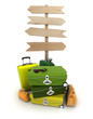 Baggage and wooden sign